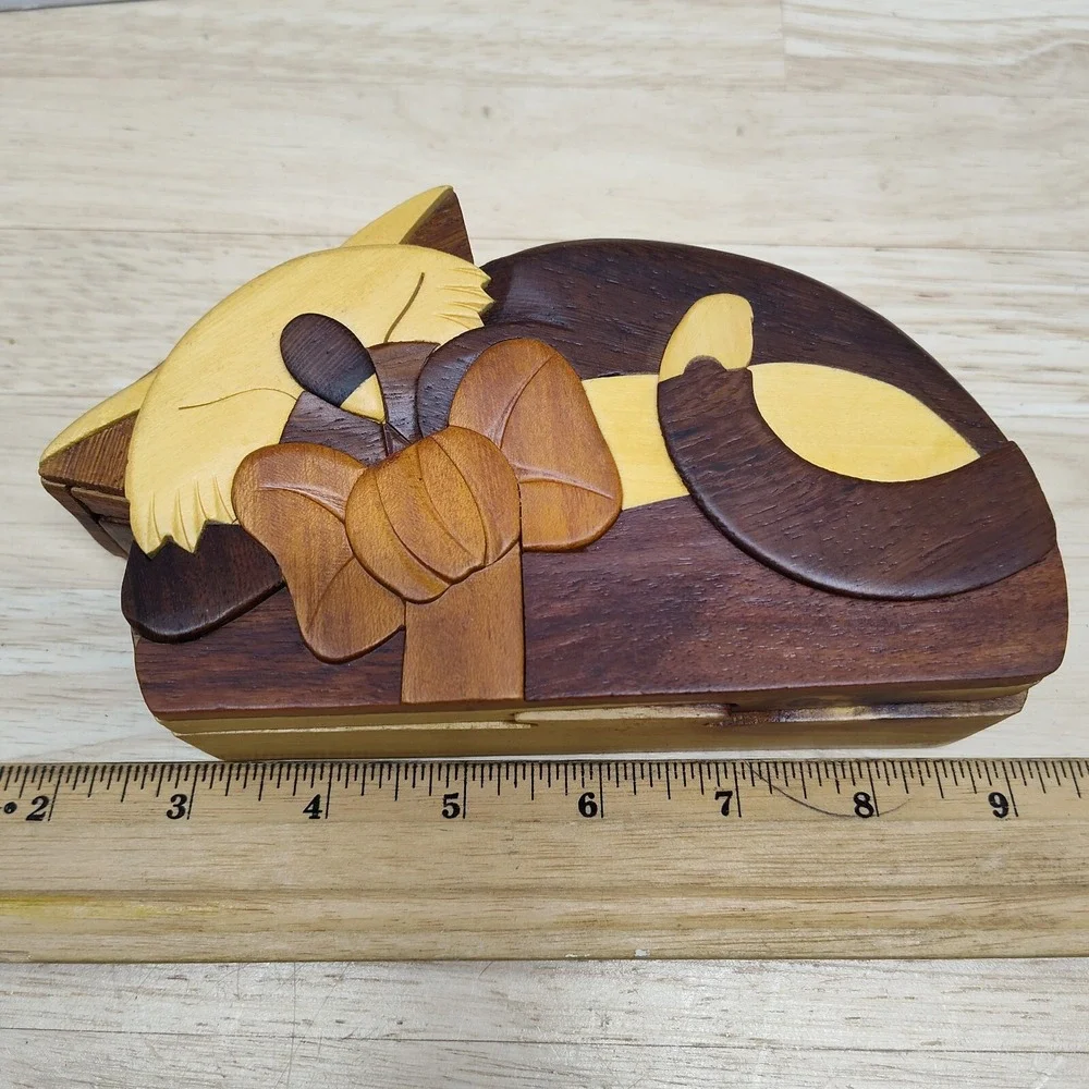 Sleeping Kitten CARVER DANS handcrafted Cat Solid Wood Puzzle Trinket Box